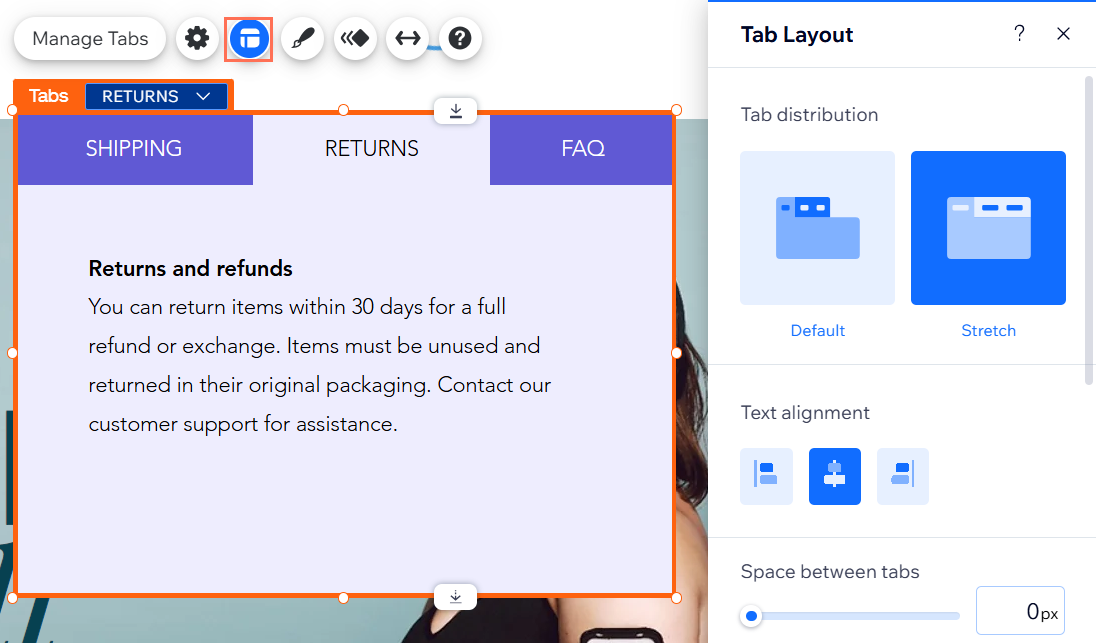 The Tabs element in Wix Editor alongside its toolbar and the Tab Layout panel