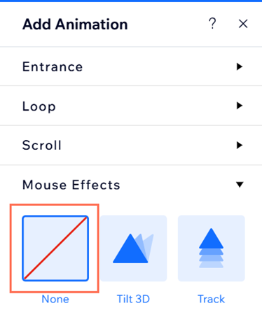 The Add Animation panel in Wix Editor, highlighting the option to click 'None' and remove the mouse effect