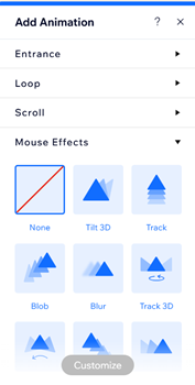 The Add Animation panel in Wix Editor, showing the available mouse effects