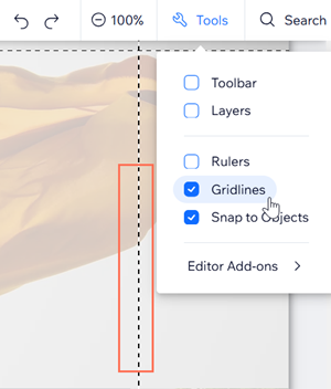Captura de tela do painel de ferramentas do editor, com as linhas de grade destacadas.