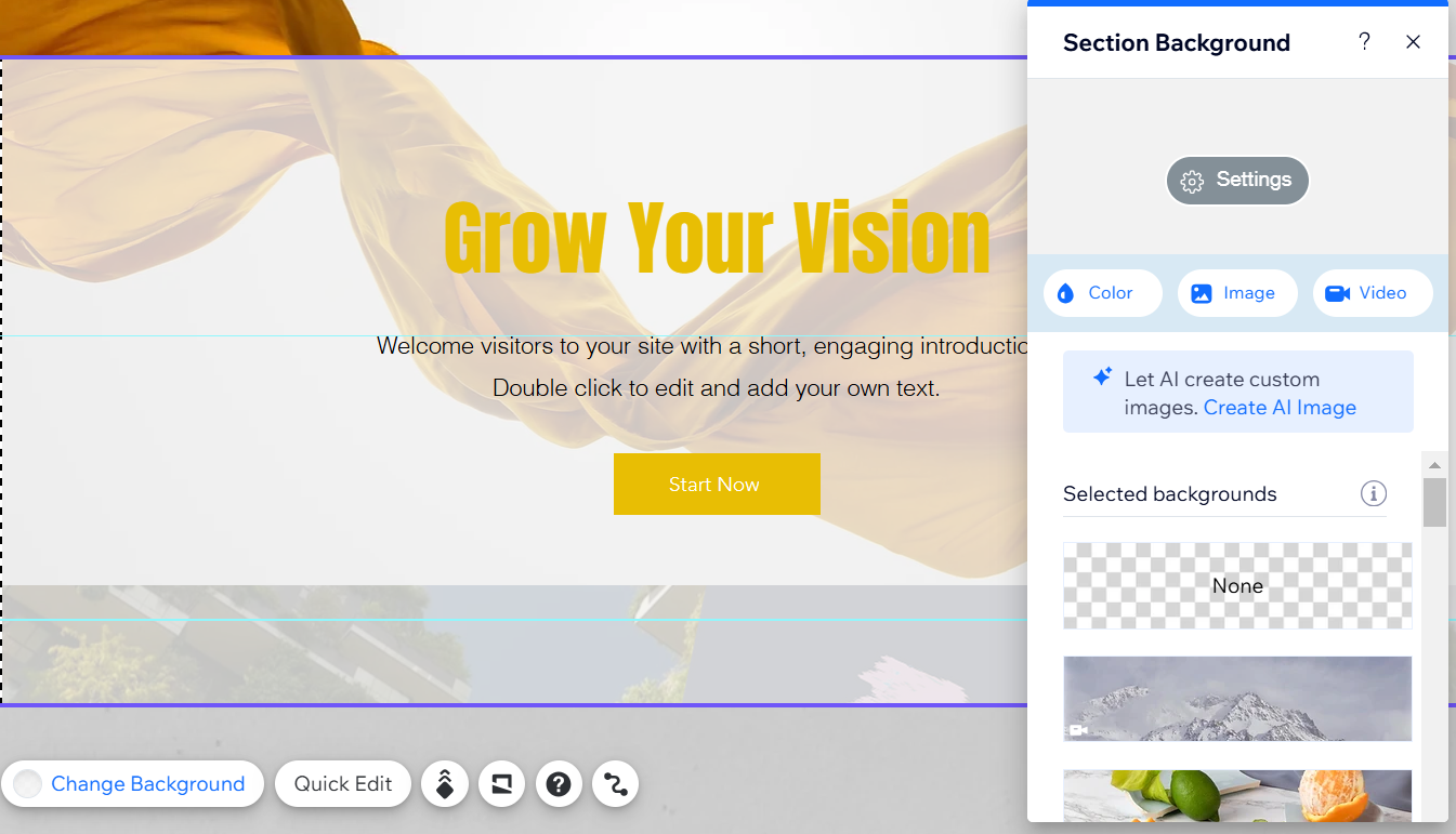 screenshot of section background settings panel in wix editor.