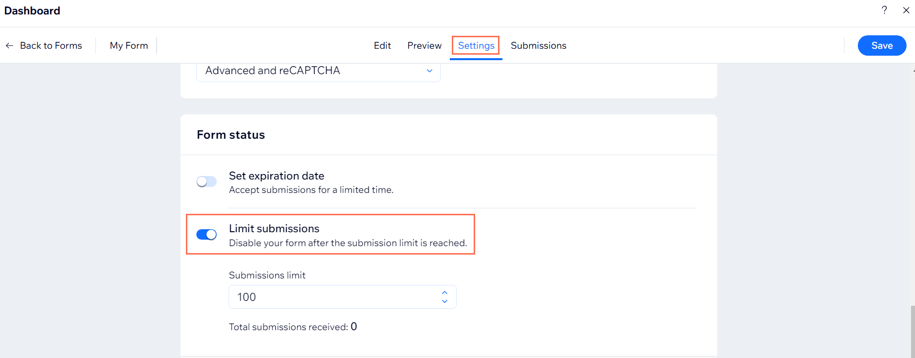 The Form Settings tab in the new Form Builder, highlighting the submissions limit toggle