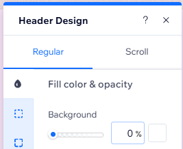 O painel de design do cabeçalho, mostrando a configuração de opacidade definida como 0