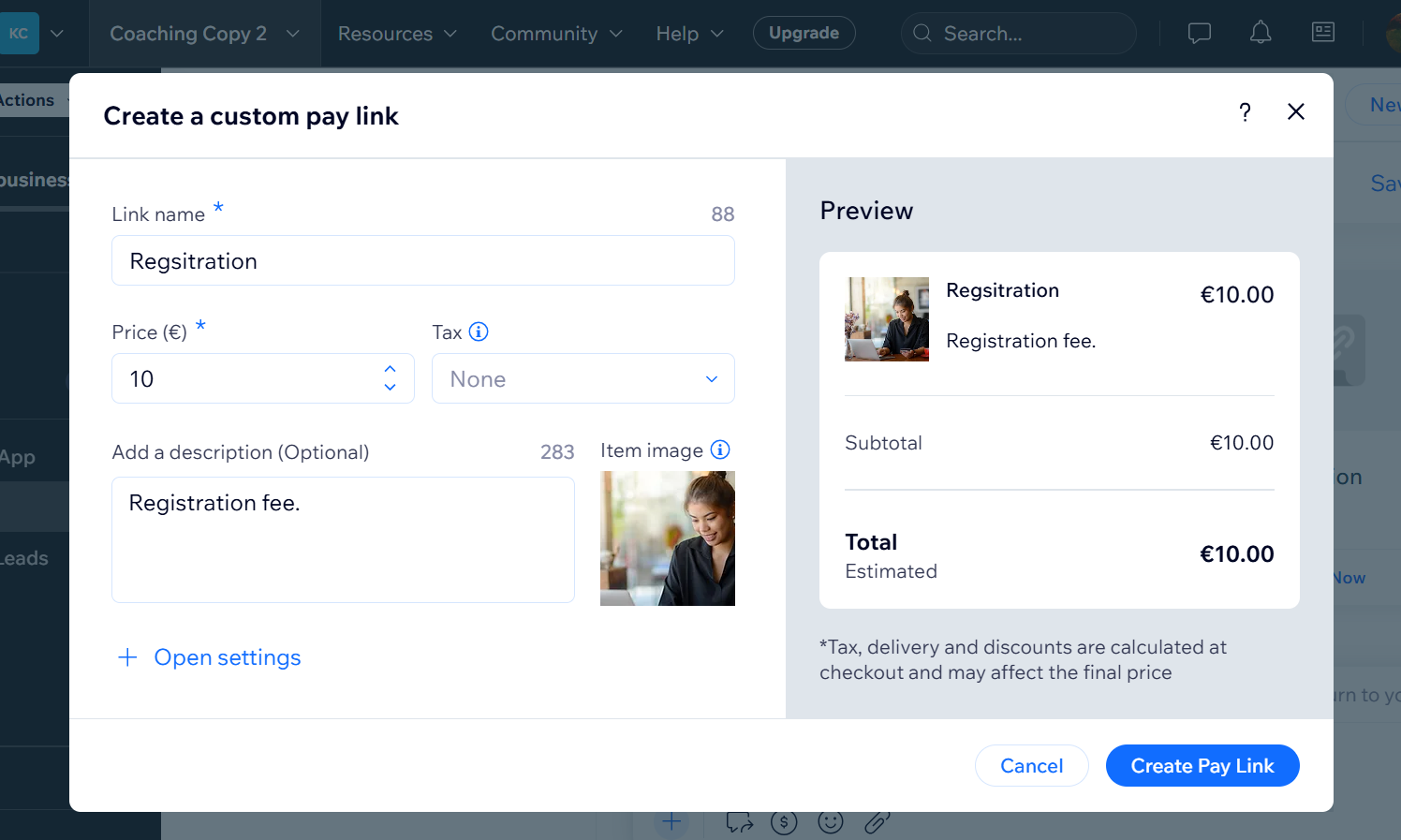 A screenshot showing the creation of a new custom pay link