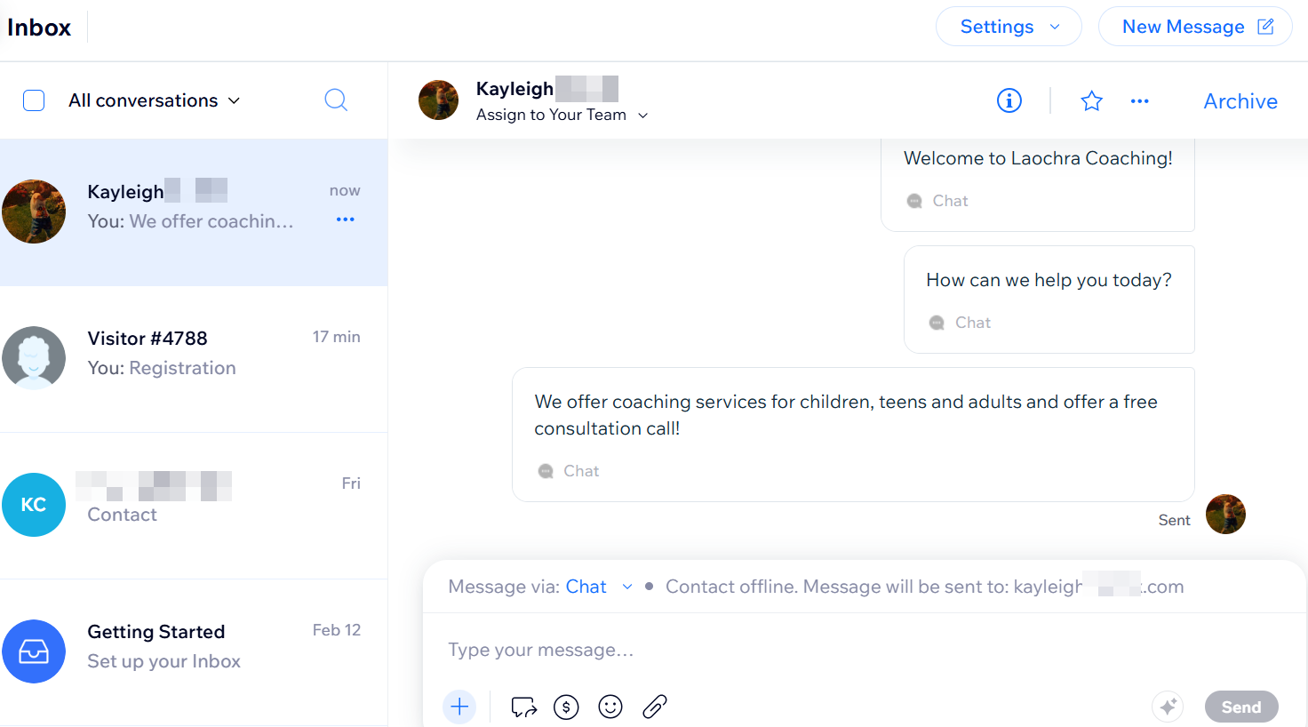 채팅 대화가 열려 있는 Wix Inbox의 스크린샷.