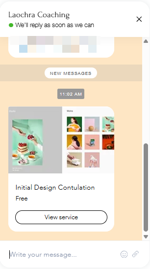 A screenshot from a chat on a live site, showing how a service looks like to a visitor in a message from the owner