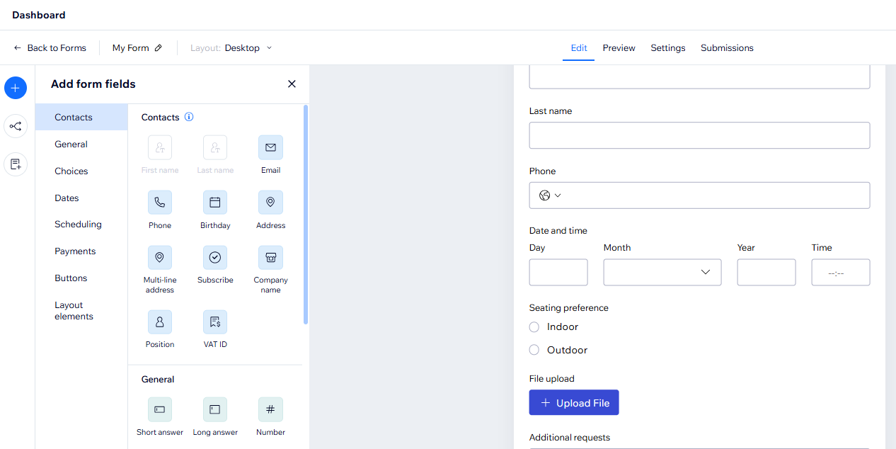 Interface do criador de formulário exibindo uma variedade de campos de contato e botões disponíveis. Aba Editar dentro do criador selecionada.