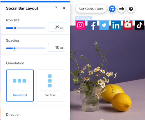 indelingspaneel van de social media-balk in de Wix Editor.