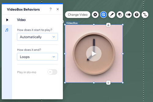 screenshot of videobox behaviours panel in wix editor