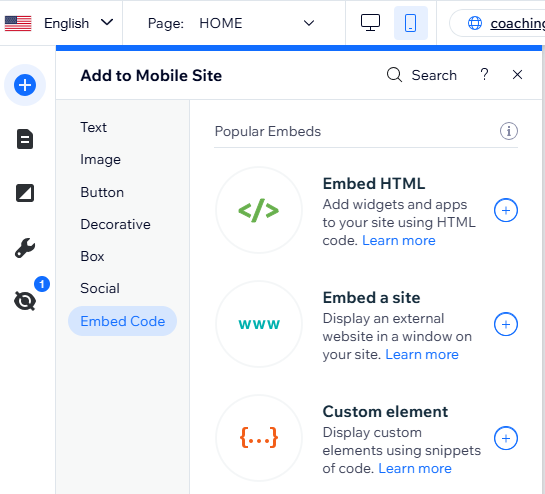 La scheda Codice di incorporamento nel pannello Aggiungi dell'Editor mobile.