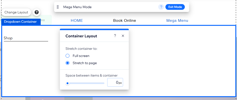 The container layout panel for a mega menu in the Wix Editor.