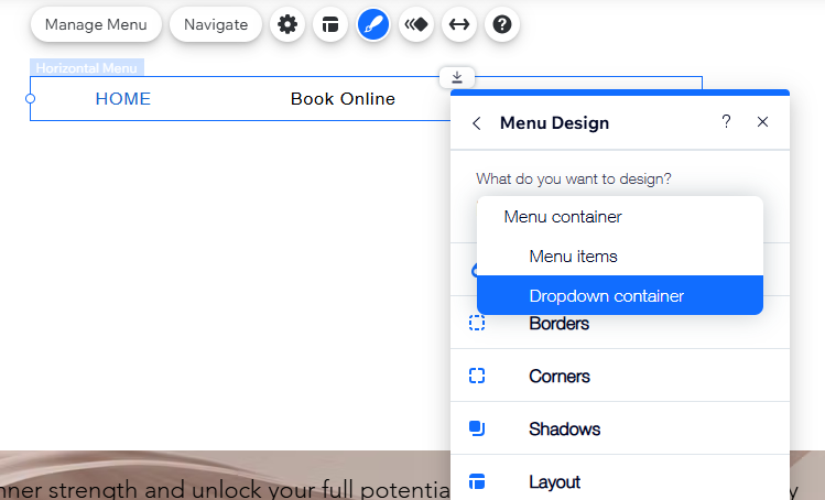 A screenshot showing the Design options for a mega menu container being accessed in the Wix Editor.