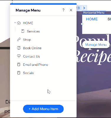 gif van Menu-instellingen voor geavanceerd menu beheren in de Wix Editor