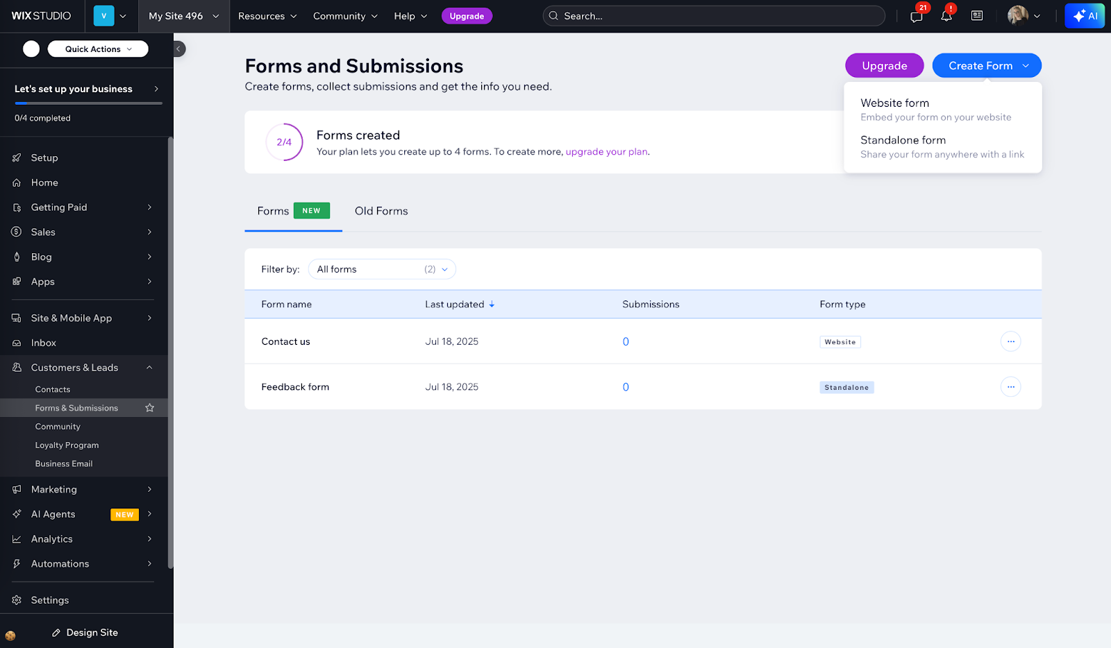 forms and submissions table for wix forms