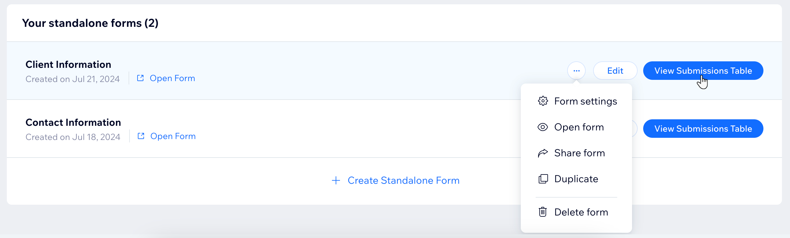 Captura de tela da seção de envio de formulário da tabela de envios.