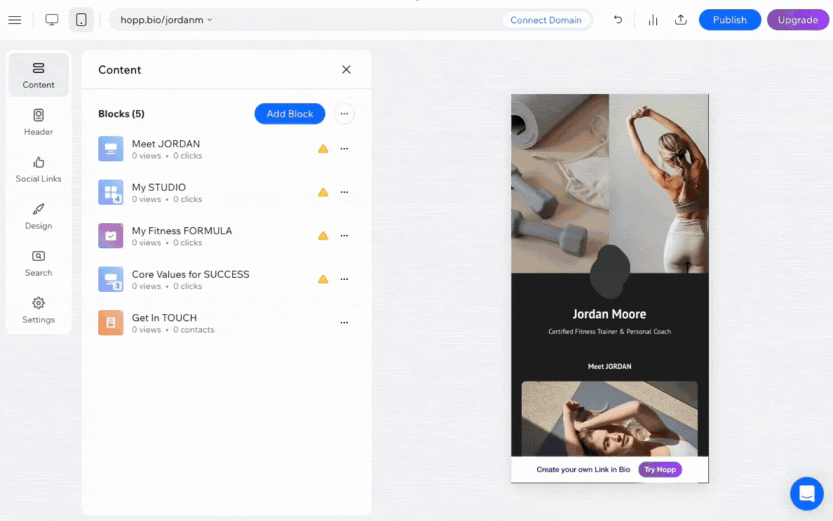 A screenshot of the content options when customizing a link in bio page.