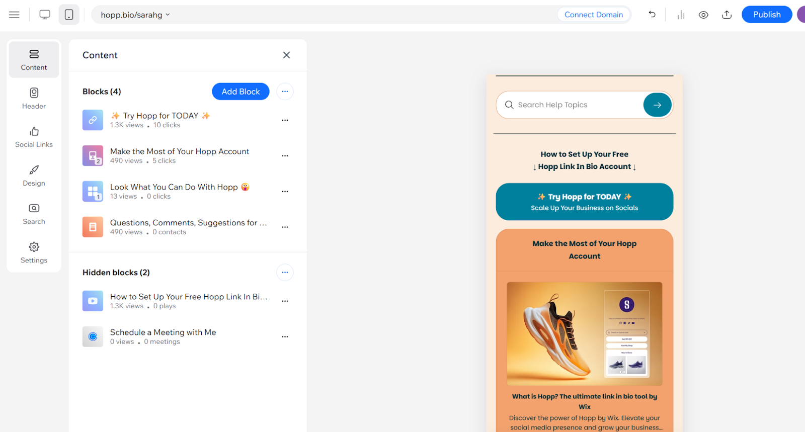A screenshot of the action options when customizing a link in bio page.