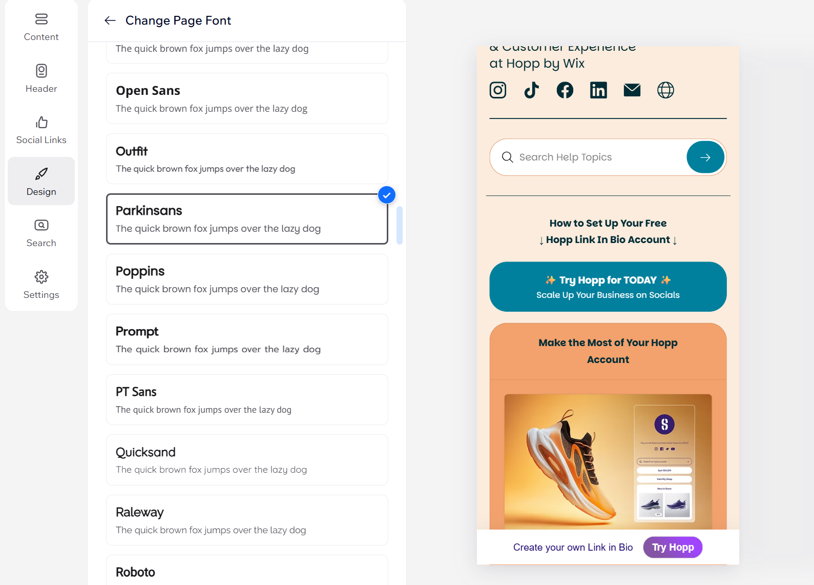 Opciones de diseño de texto de Hopp.
