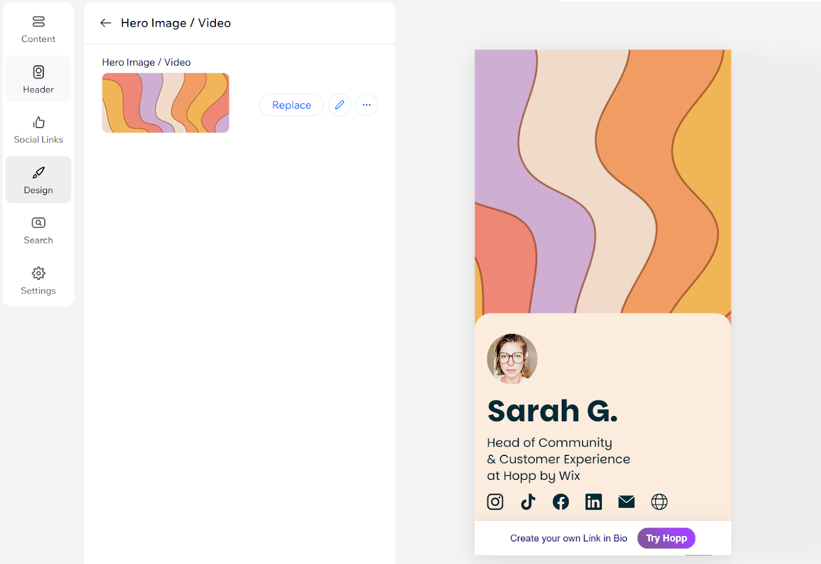Opciones de diseño de la imagen prominente de Hopp.