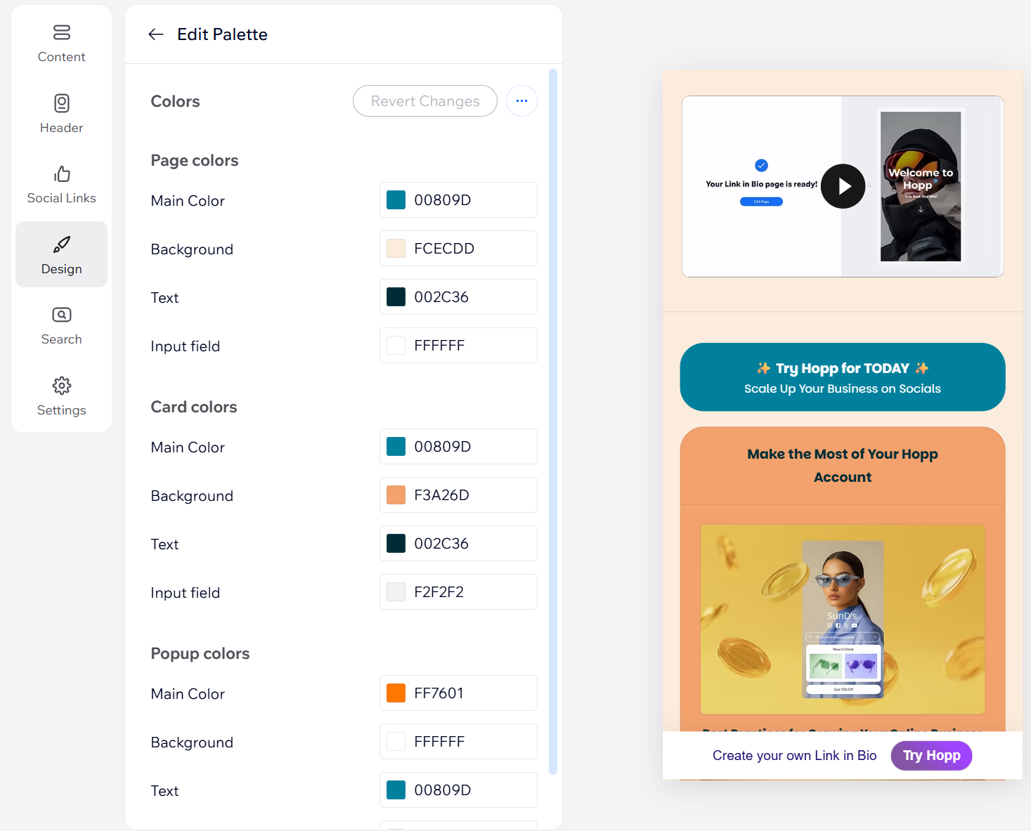Opciones de diseño de la paleta de colores de Hopp.