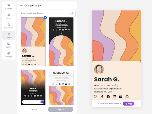 Opciones de diseño de estilo Hopp.