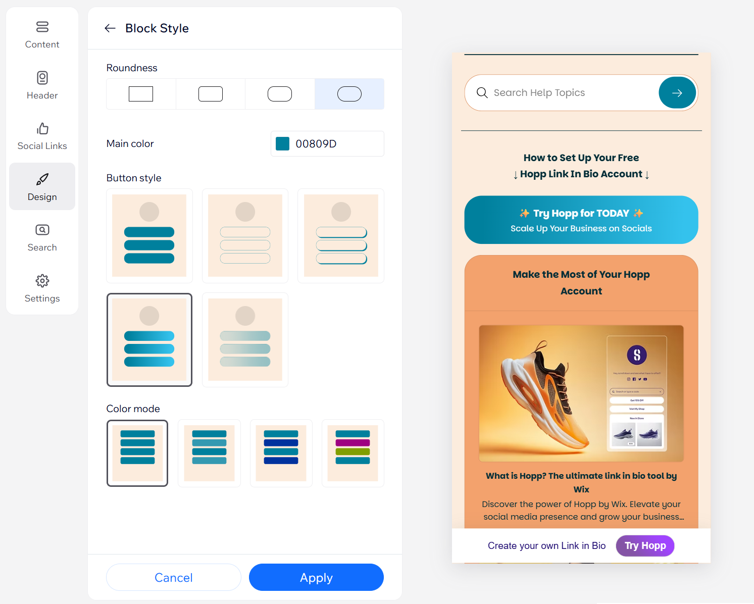 Opciones de diseño de estilo del botón Hopp.