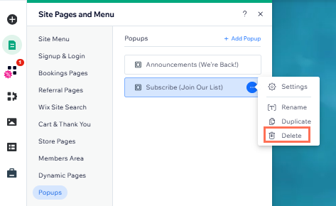 pages and menu pop up panel,