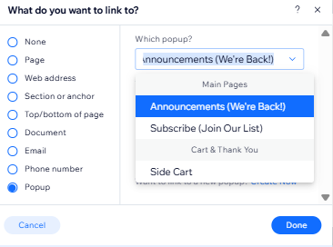 screenshot of link panel with popup highlighted.