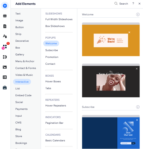 add elements panel showing popup options in wix editor,