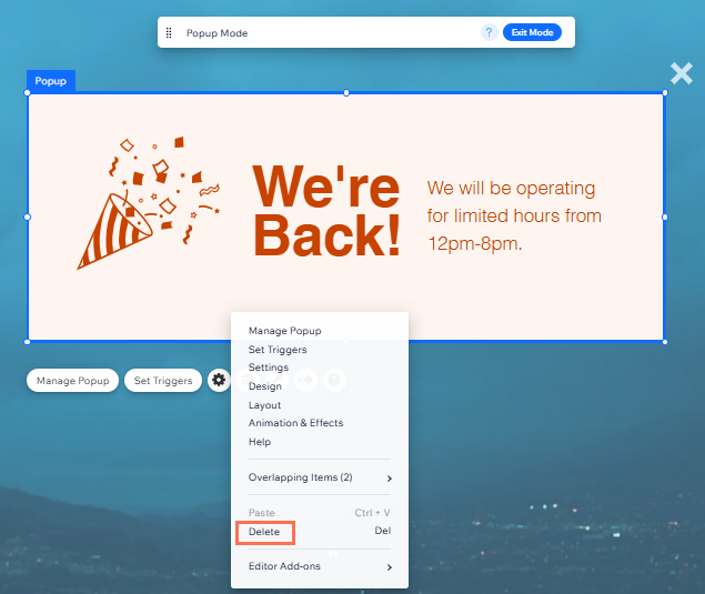 De verwijderen-optie van het rechtermuisknop-menu in het pop-uppaneel in de Wix Editor