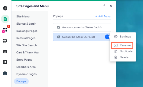 site pages and menu pop up panel.