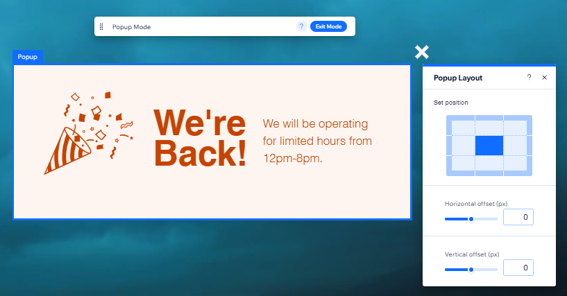 popup mode showing layout panel wix editor