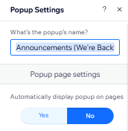 popup settings panel, no selected under automatically display popup on pages.