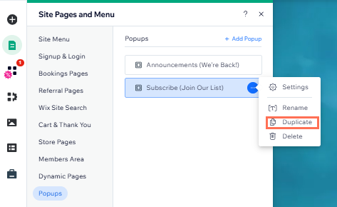 site and menu pages pop up panel.