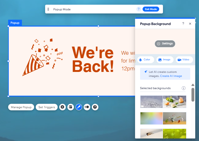 pop up mode showing popup background settings wix editor