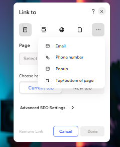 Het Link-paneel in de Wix Harmony Editor