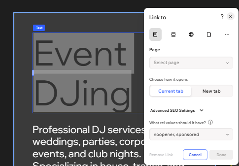 Tekst en het Link-paneel in de Wix Harmony-editor, die de tekst aan een websitepagina linkt