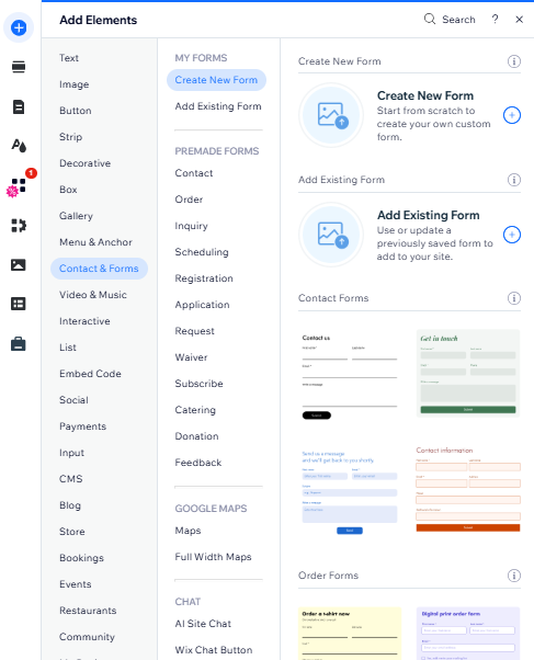 Add elements panel in Wix Editor, forms feature selected.