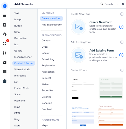 Wix Editor'da yeni Wix Forms uygulamasının nasıl ekleneceğini gösteren bir ekran görüntüsü.