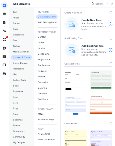 A screenshot of the premade form options in the editor.