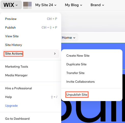 Wix Harmony editöründeki Site Eylemleri'nin ekran görüntüsü. Site yayından kaldır vurgulanıyor.
