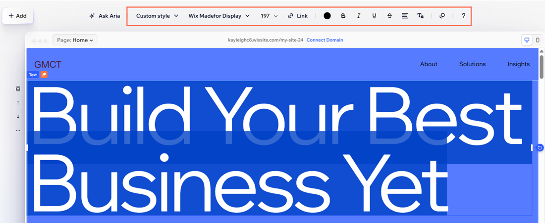 צילום מסך של Wix Harmony Editor. נבחר טקסט ובסרגל העליון המסומן יש אפשרויות התאמה אישית.