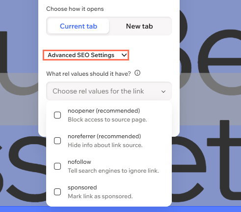 Screenshot of advanced SEO settings in Link panel of Wix Harmony.