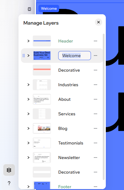 Screenshot of layer being renamed in Layers panel in Wix Harmony editor.