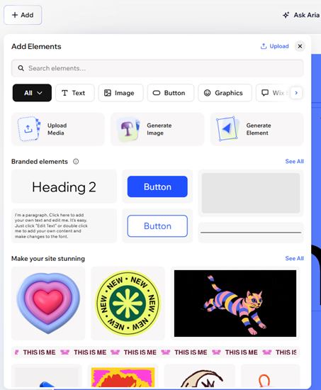 צילום מסך של חלונית הוספת האלמנטים ב-Wix Harmony Editor