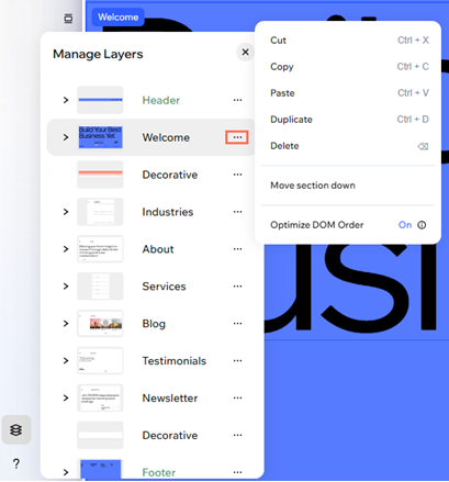 Screenshot of  More Actions menu in Layers panel in Wix Harmony editor.