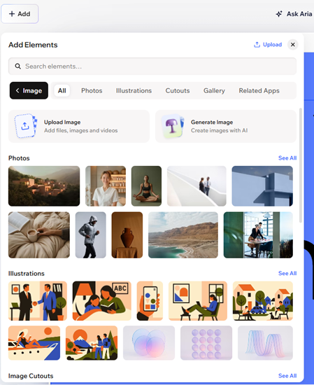 צילום מסך של חלונית הוספת האלמנטים ב-Wix Harmony Editor. נבחרה תמונה.