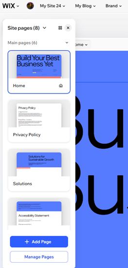 screenshot of site pages panel in wix harmony editor.