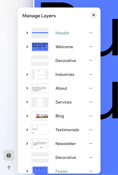 Screenshot of Layers panel in Wix Harmony editor.