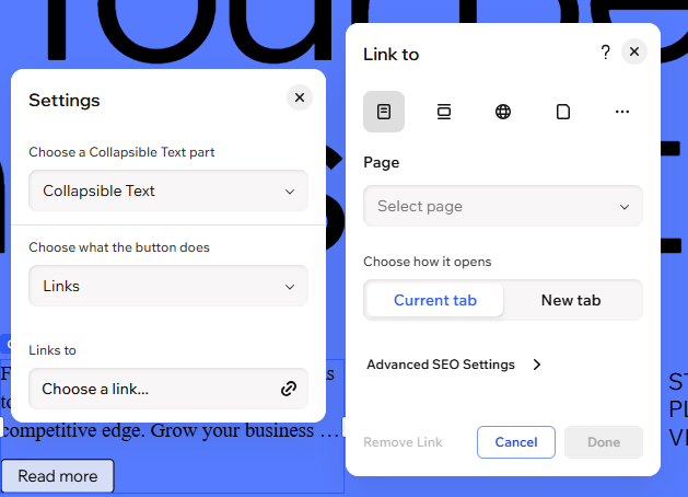 Screenshot of Link panel in Wix Harmony, linking to Collapsible Text.